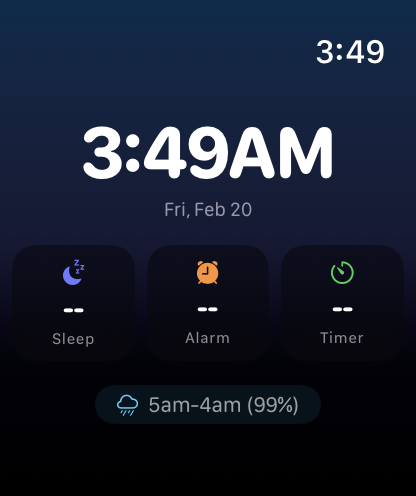 WakeUp Apple Watch home screen showing clock, sleep, alarm, and timer