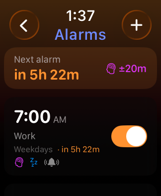 WakeUp on Apple Watch: alarms list, next alarm in 5h 22m, 7:00 AM work alarm on weekdays