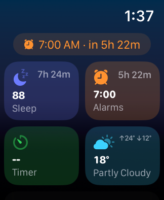 WakeUp on Apple Watch: home screen with next alarm in 5h 22m, sleep score 88, timer and 18° weather