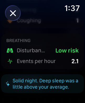WakeUp on Apple Watch: last night details with breathing disturbances low risk and a sleep insight