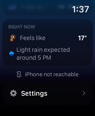 WakeUp on Apple Watch: right now details with feels-like temperature and a rain forecast