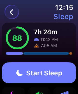 WakeUp on Apple Watch: last night 7h 24m with sleep score 88 and a Start Sleep button