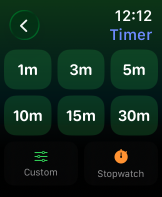 WakeUp on Apple Watch: timer presets from 1 to 30 minutes, custom timer and stopwatch