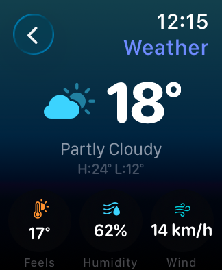 WakeUp on Apple Watch: weather, 18° and partly cloudy, with feels-like, humidity and wind